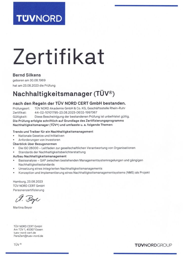 TÜV Zertifikat Nachhaltigkeitsmanager